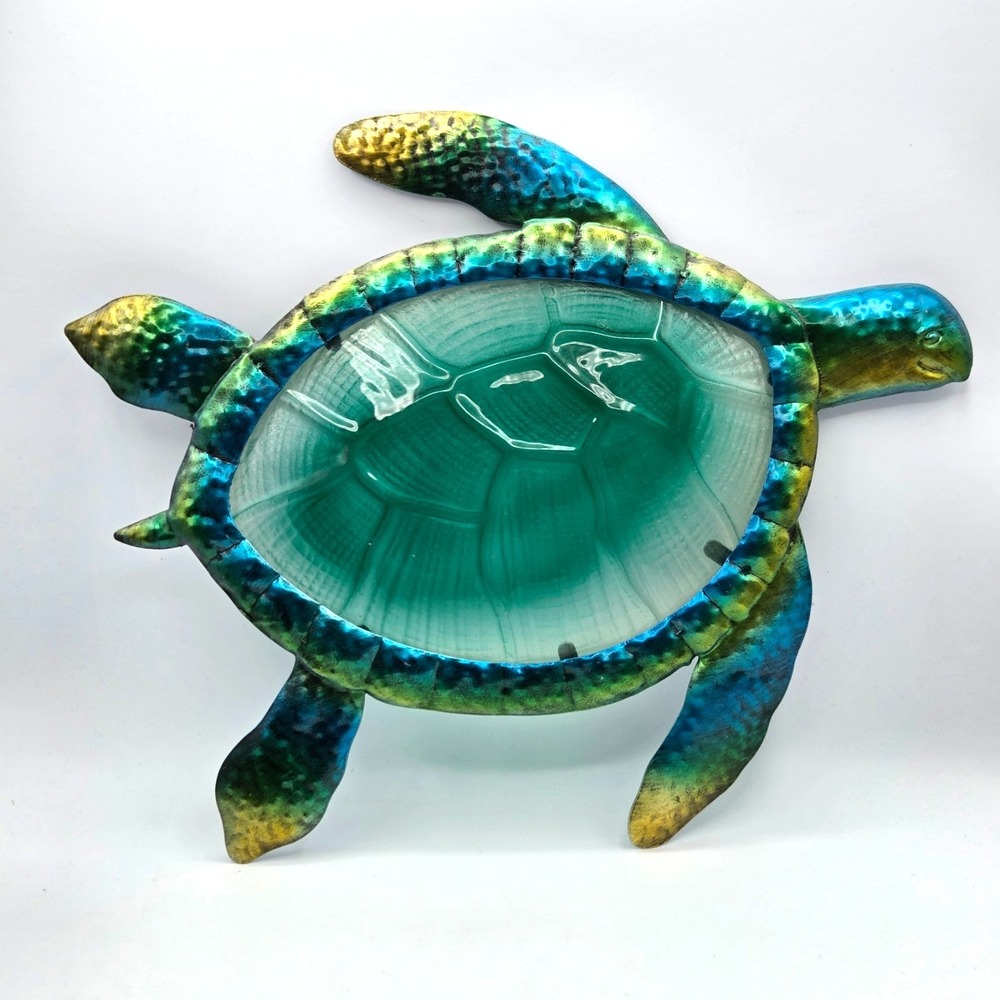 Blue Metal and Glass Turtle Wall Art‎ LARGE 14.5" by 13" Beach Coastal Decor